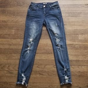 Dark Wash Distressed Destroyed Frayed Denim Jeans
